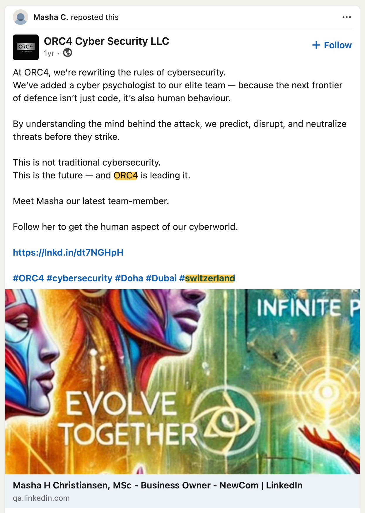 ORC4 於2025年4月29日發布的 LinkedIn 帖文，歡迎 Masha，並使用多哈、杜拜及瑞士主題標籤