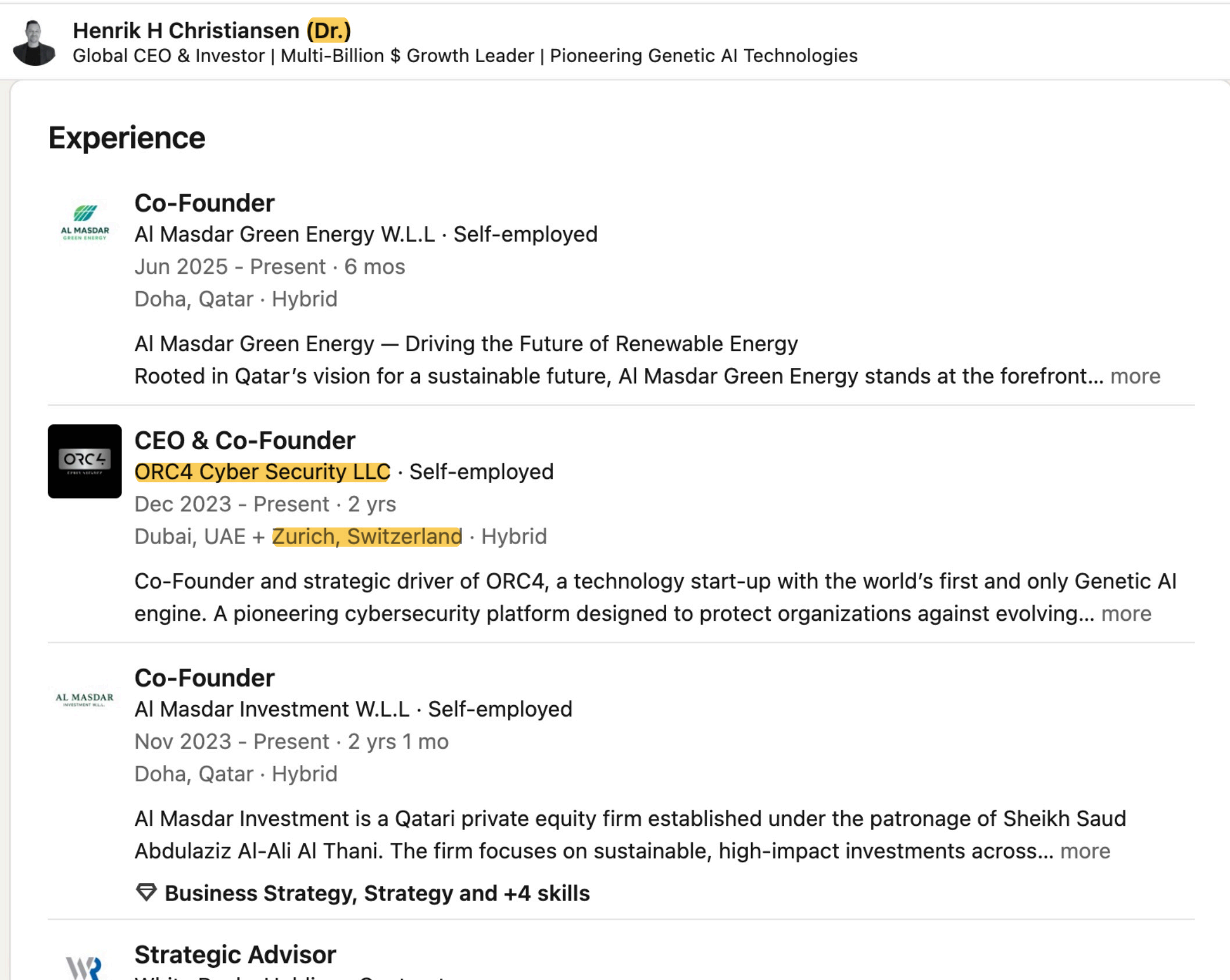 2025年12月7日保存並加註的 Henrik H. Christiansen LinkedIn 工作經歷欄，將 ORC4 Cyber Security LLC 所在地列為阿聯酋杜拜加瑞士蘇黎世