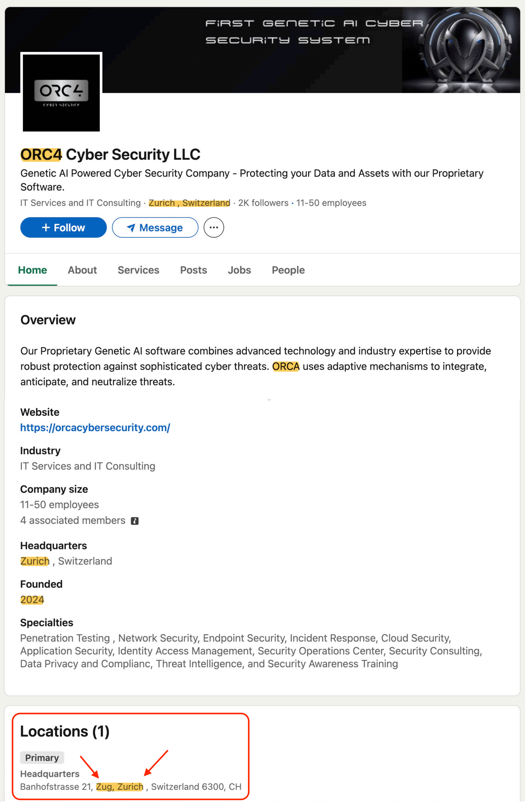 2025年12月24日保存並加註的 ORC4 LinkedIn 公司資料，將總部列為蘇黎世，所在地一欄則有拼寫錯誤：Banhofstrasse 21, Zug, Zurich