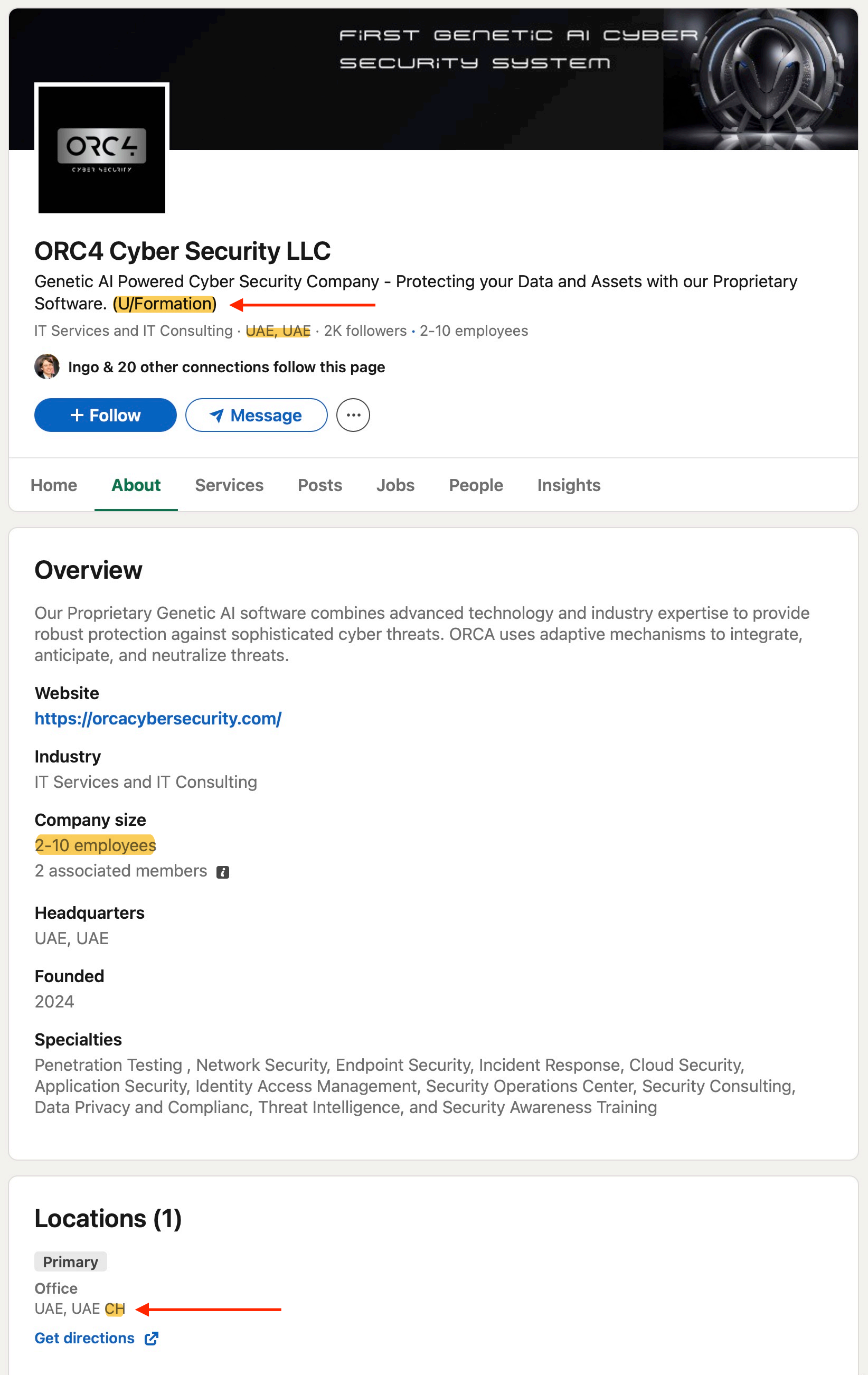2026年8月20日保存並加註的 ORC4 LinkedIn 公司資料，顯示 U/Formation、兩名關聯成員、阿聯酋總部，以及以 CH 結尾的主要辦事處地址