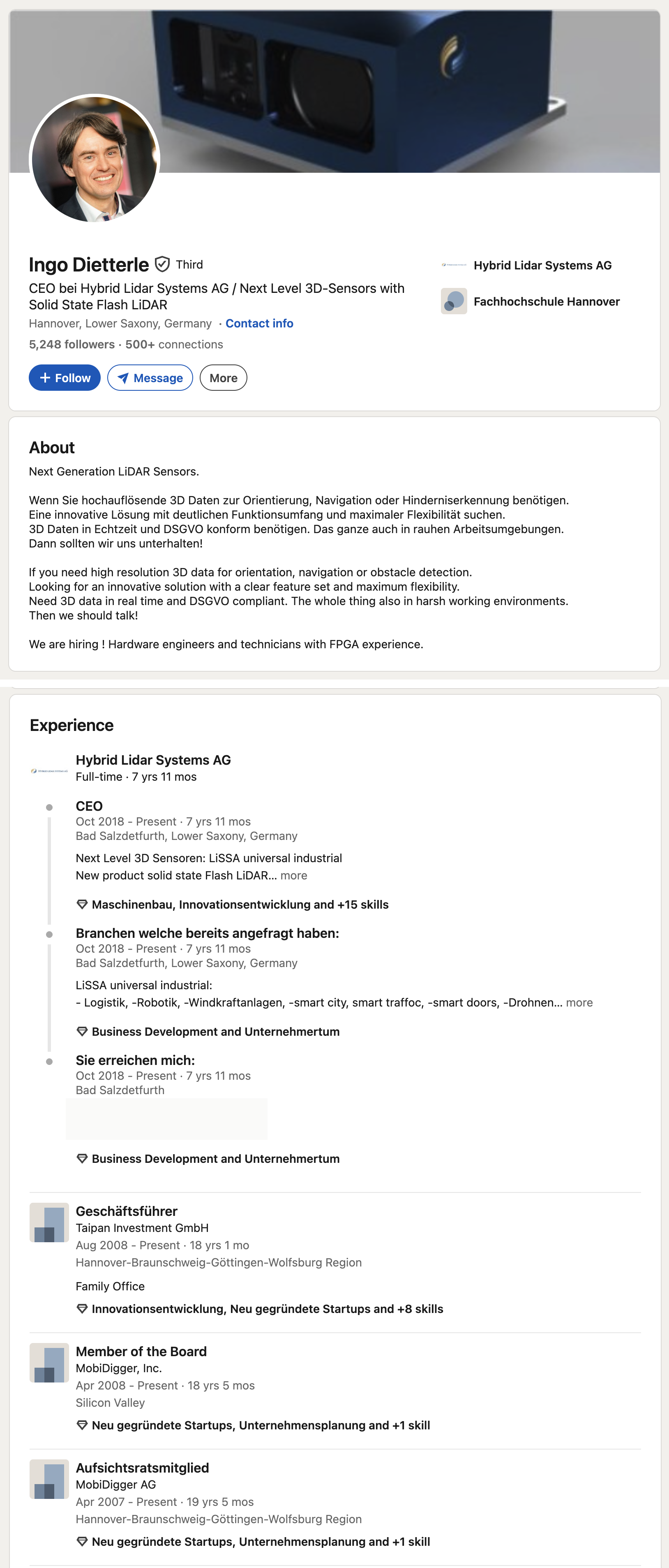 Saved LinkedIn profile and experience record for Ingo Dietterle, with direct contact details redacted