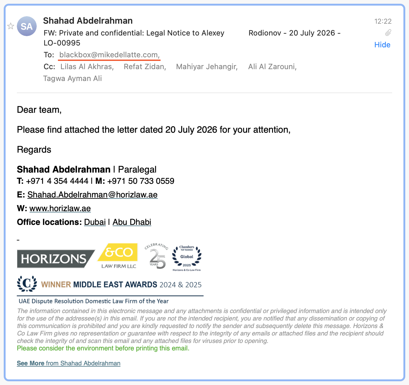 Email forwarding Legal Notice LO-00995 to the blackbox address