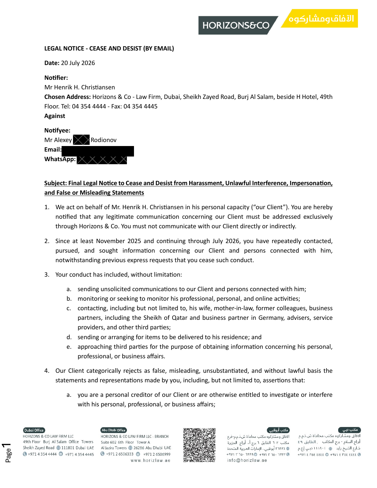 Legal notice sent on behalf of Henrik H. Christiansen, page 1