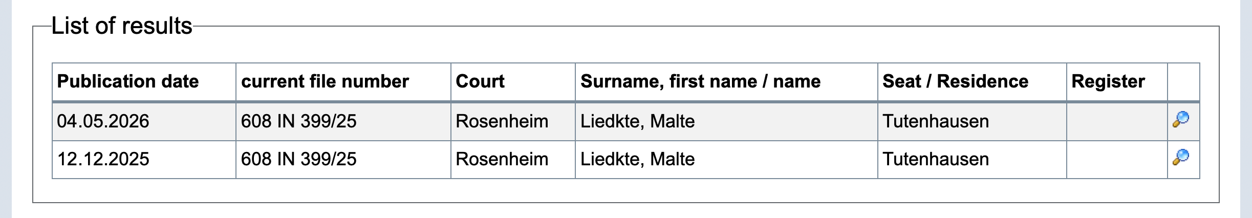 Amtliche Suchergebniszeilen zur Insolvenzbekanntmachung für Malte Liedtke