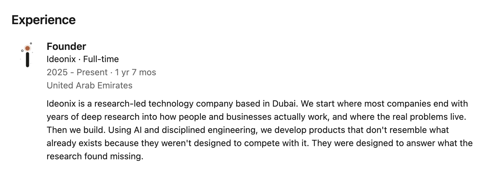 Masha H. Christiansen LinkedIn experience section after 1 June 2026 showing only Ideonix
