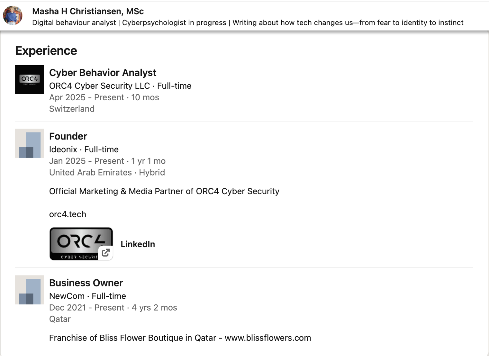Masha H. Christiansen LinkedIn experience section captured before 1 June 2026