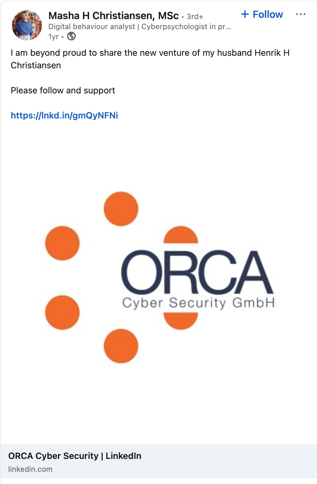 LinkedIn post by Masha H. Christiansen describing ORCA as the new venture of her husband Henrik H. Christiansen