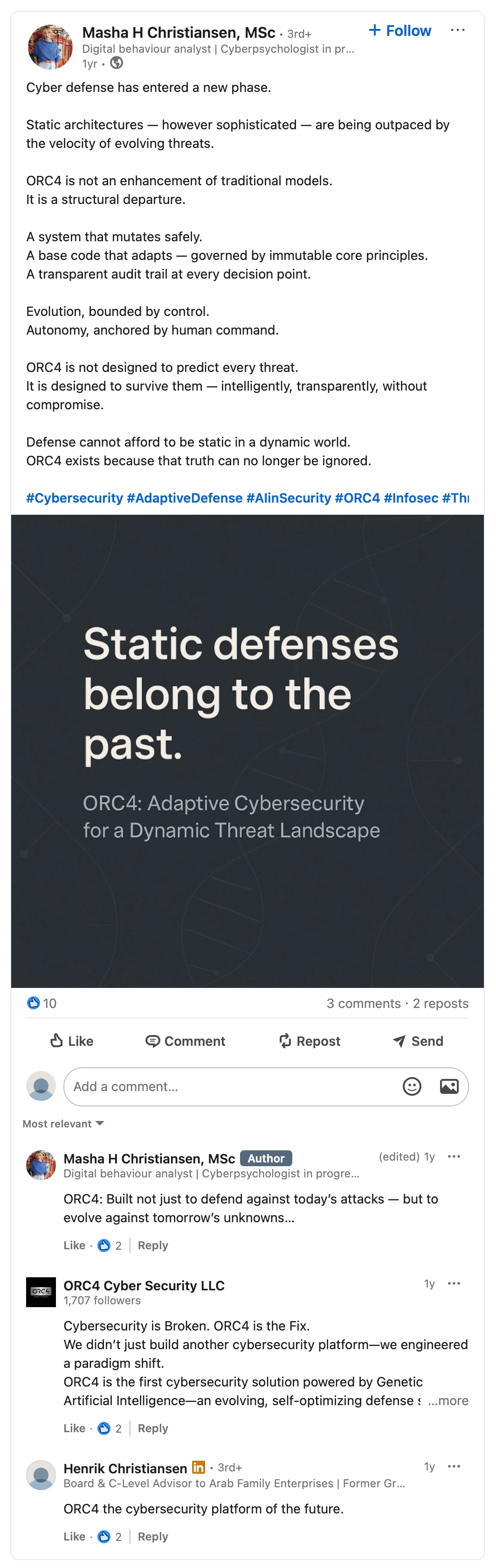 Saved LinkedIn post by Masha H. Christiansen about ORC4 adaptive cybersecurity, followed by the preserved comments