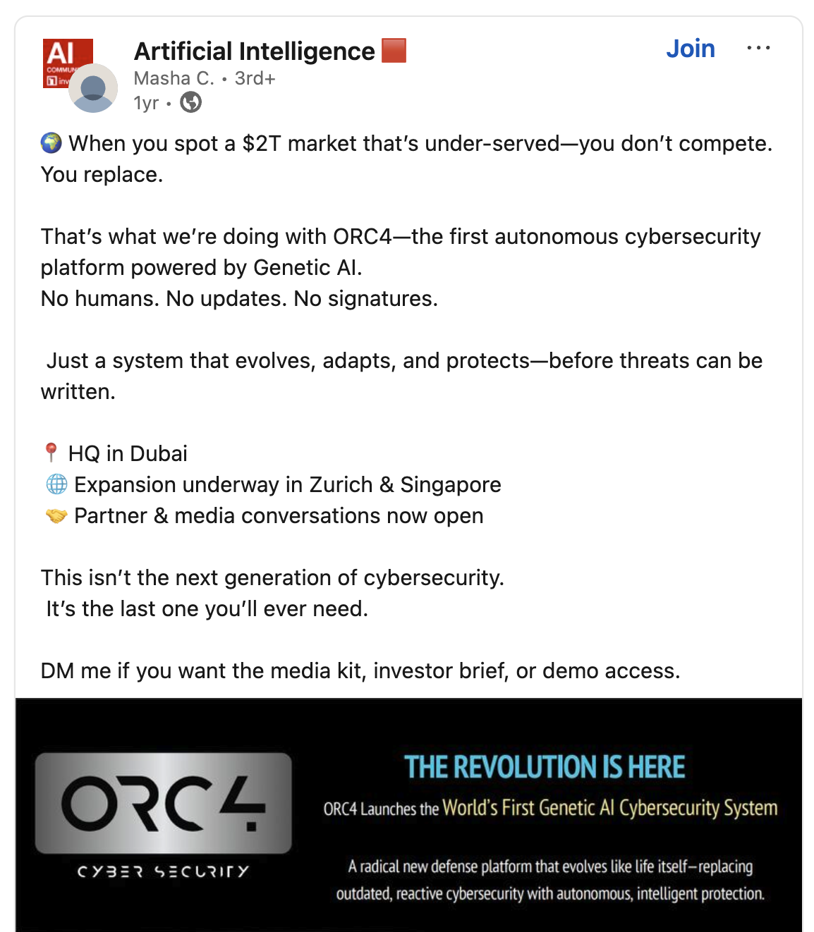 Saved LinkedIn post by Masha H. Christiansen promoting ORC4 in the Artificial Intelligence community