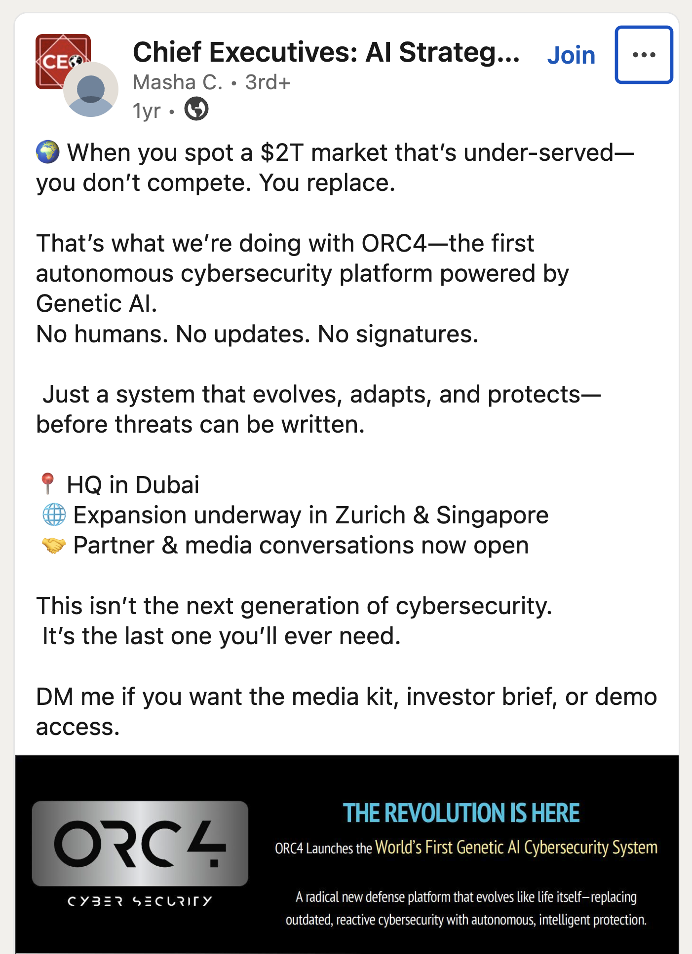 Saved LinkedIn post promoting ORC4 as a replacement in a two-trillion-dollar cybersecurity market