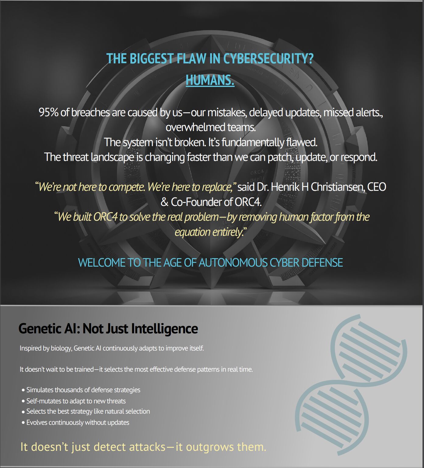 ORC4 promotional graphic describing human error and Genetic AI