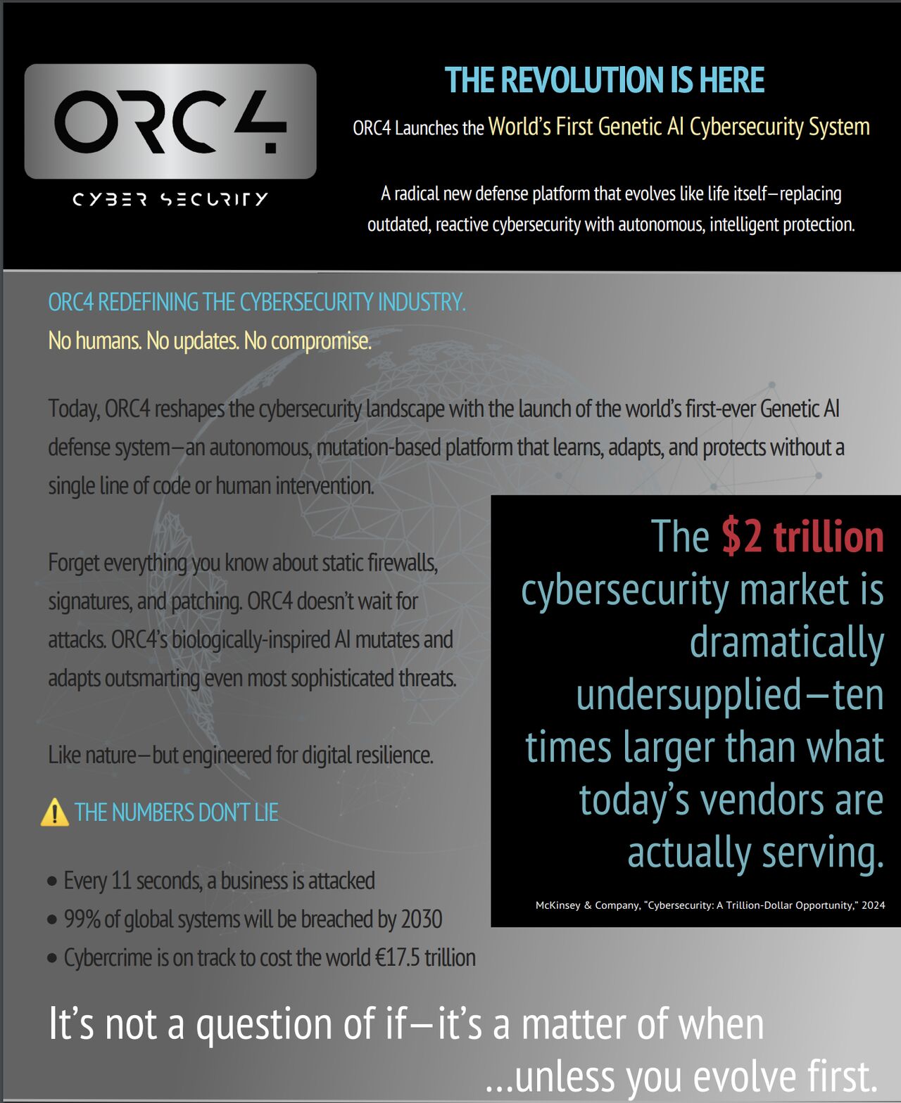 ORC4 promotional graphic announcing a Genetic AI cybersecurity system and a two-trillion-dollar market