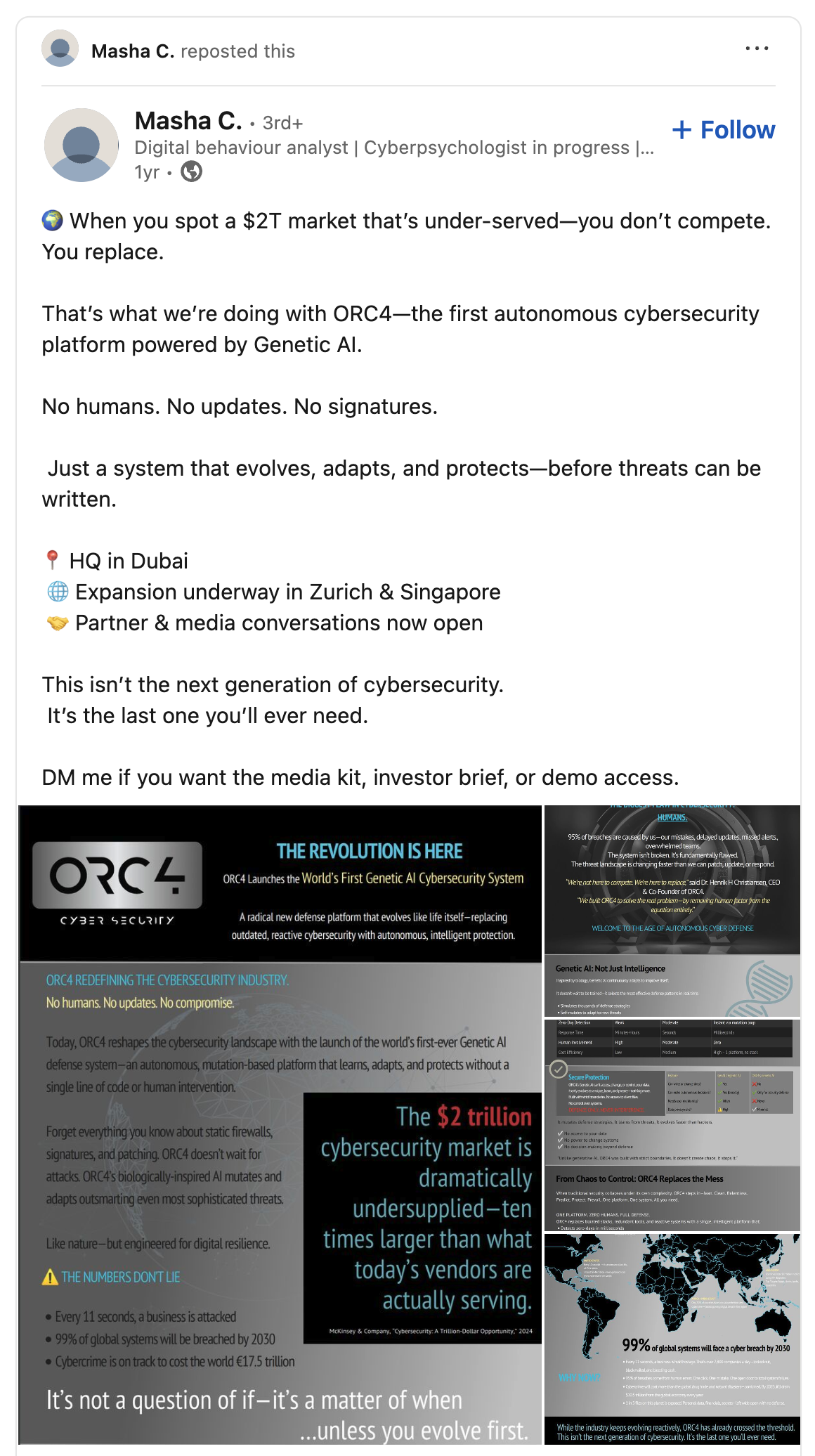 Saved LinkedIn repost by Masha H. Christiansen promoting ORC4 in a two-trillion-dollar cybersecurity market