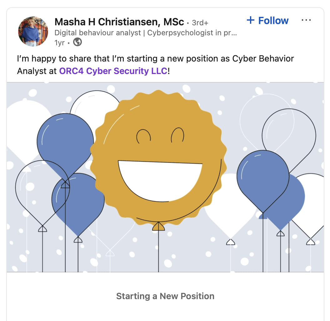 LinkedIn post by Masha H. Christiansen announcing that she was starting as Cyber Behavior Analyst at ORC4 Cyber Security LLC