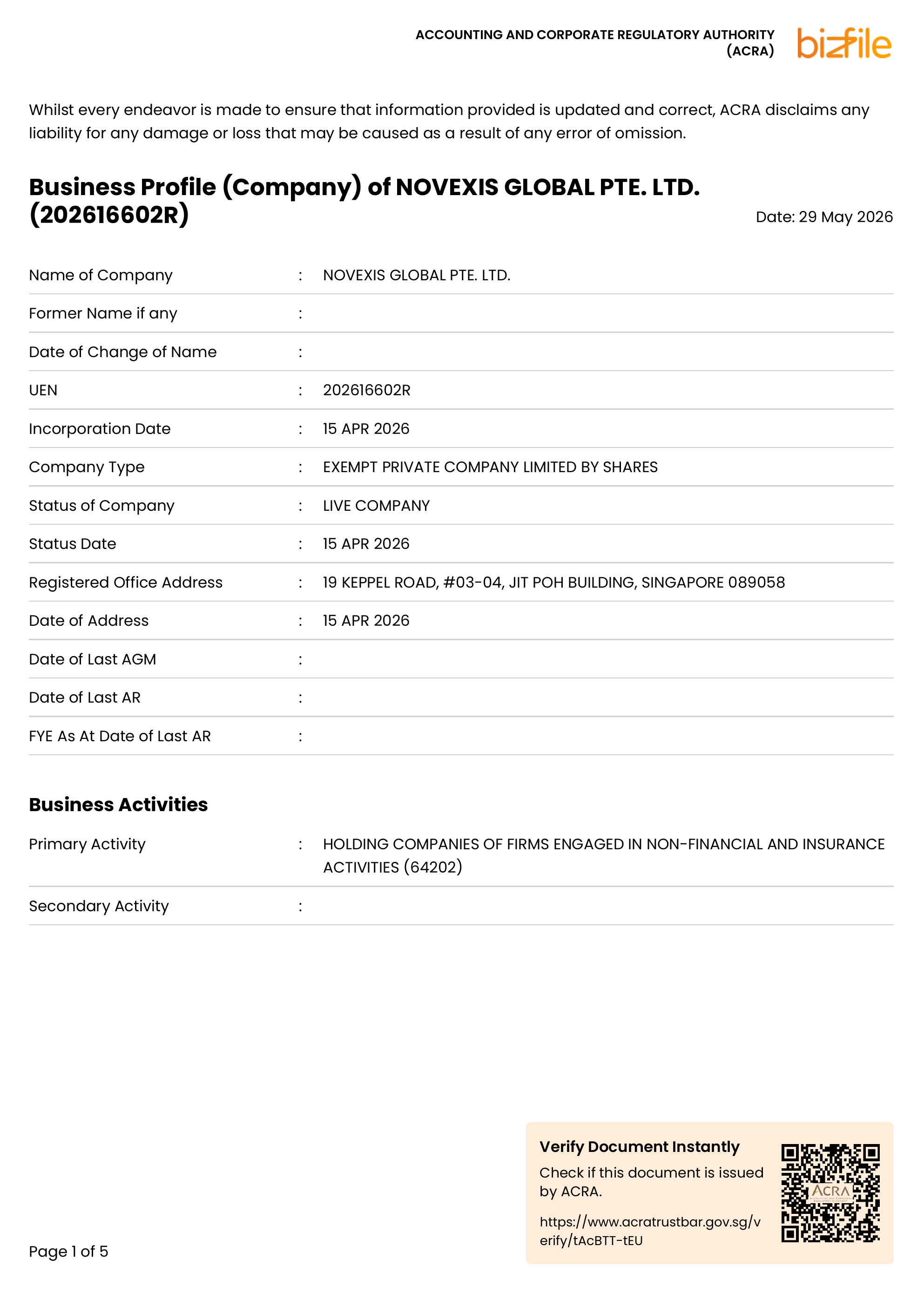 NOVEXIS GLOBAL PTE. LTD. registration document, page 1