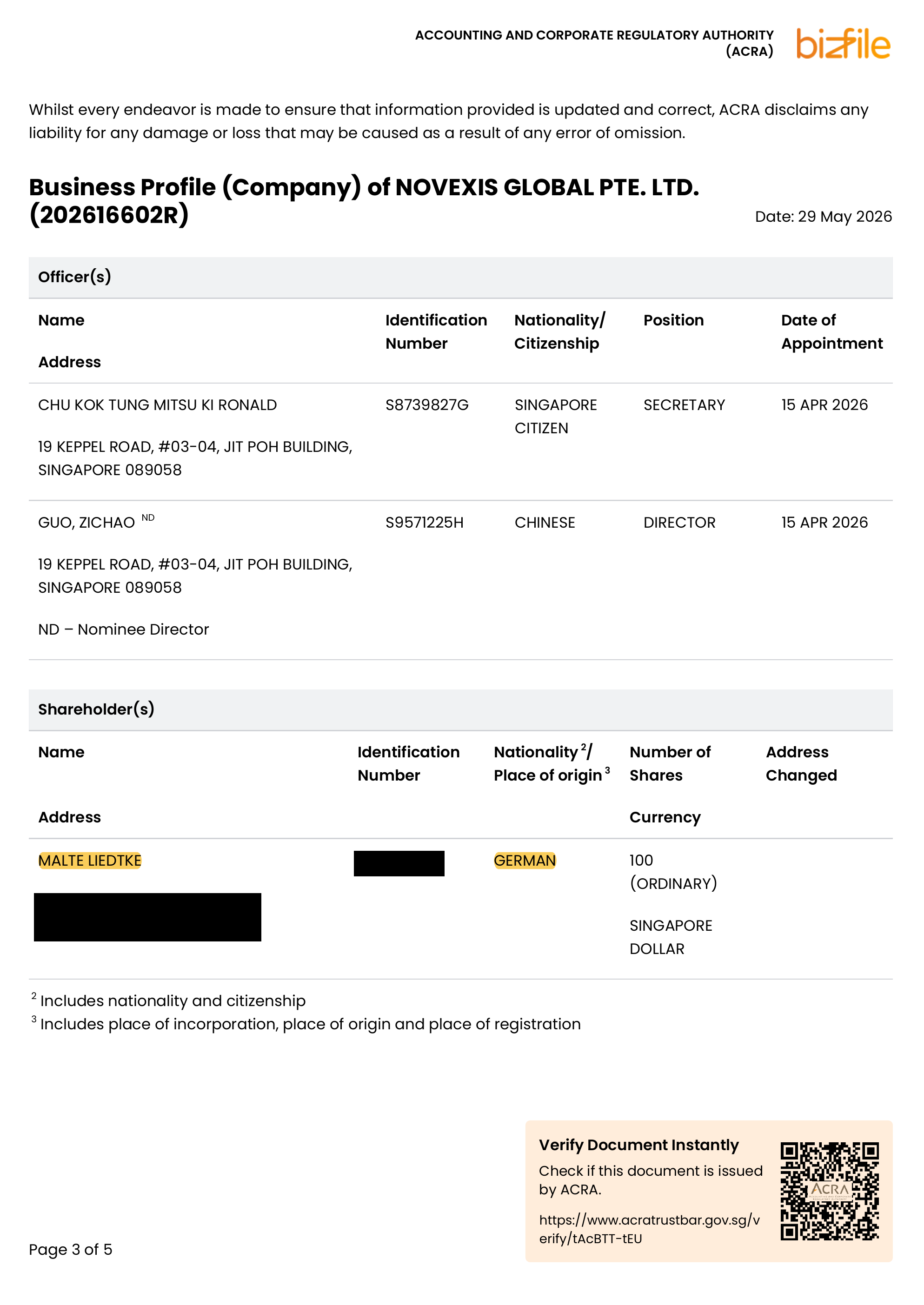 NOVEXIS GLOBAL PTE. LTD. registration document, page 3