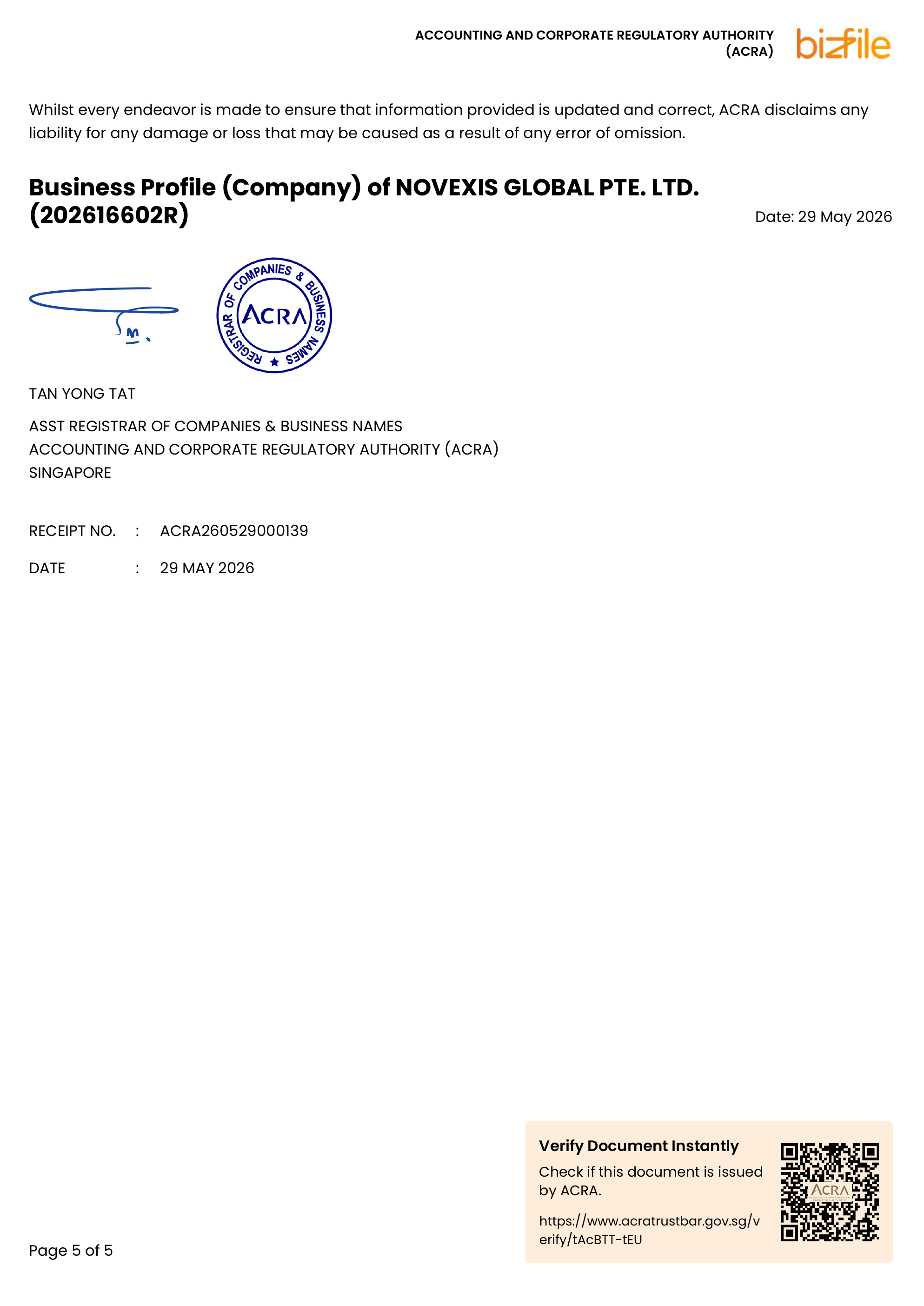 NOVEXIS GLOBAL PTE. LTD. registration document, page 5