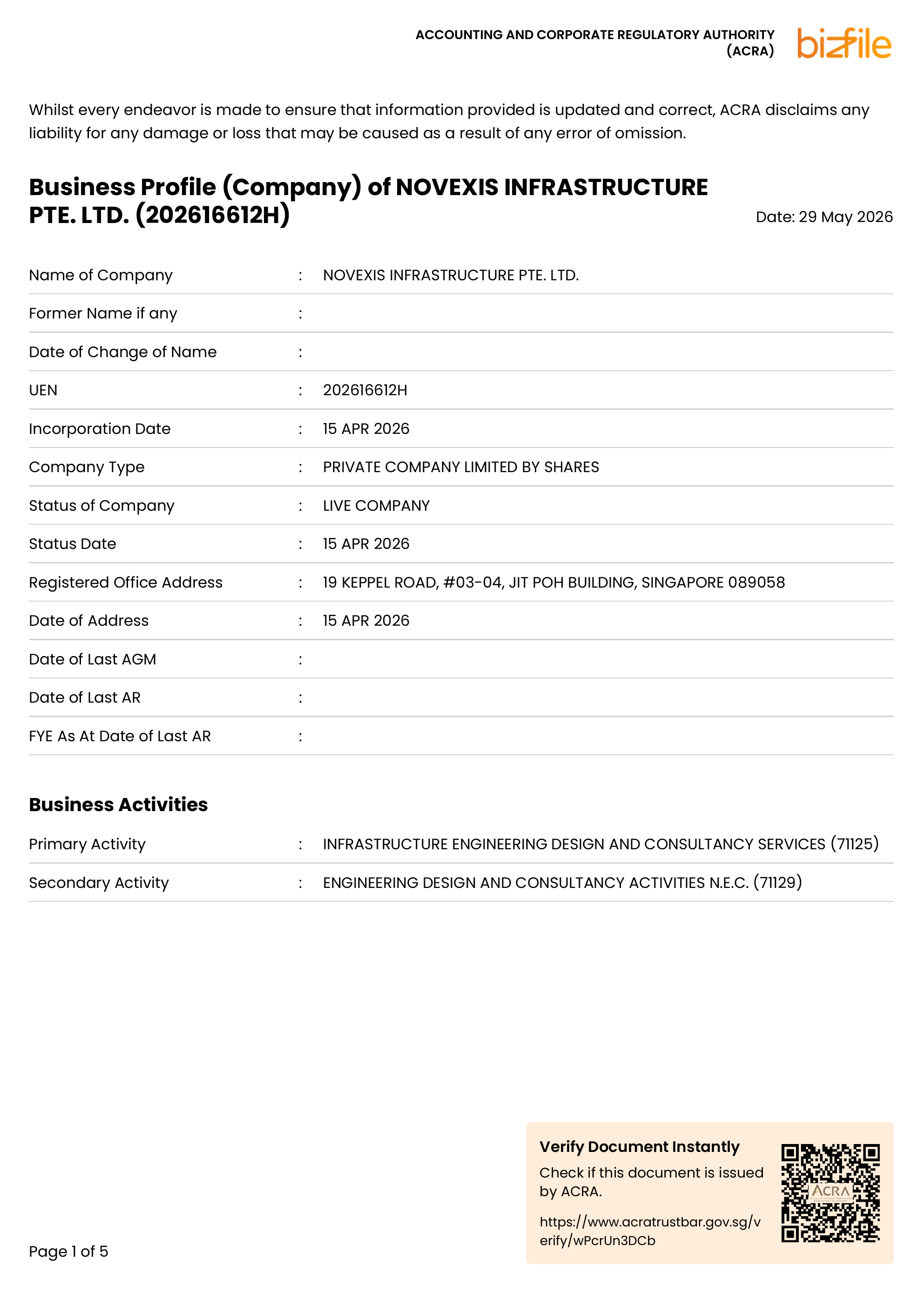 NOVEXIS INFRASTRUCTURE PTE. LTD. registration document, page 1