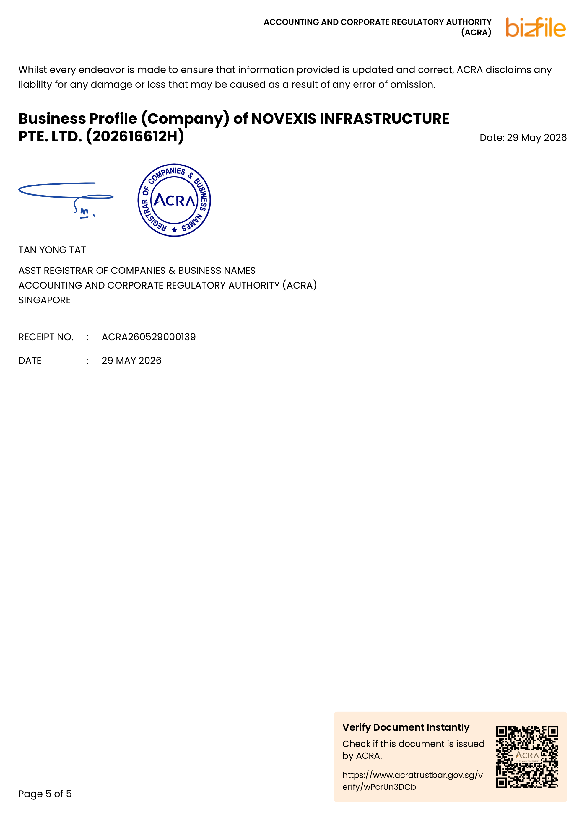NOVEXIS INFRASTRUCTURE PTE. LTD. registration document, page 5