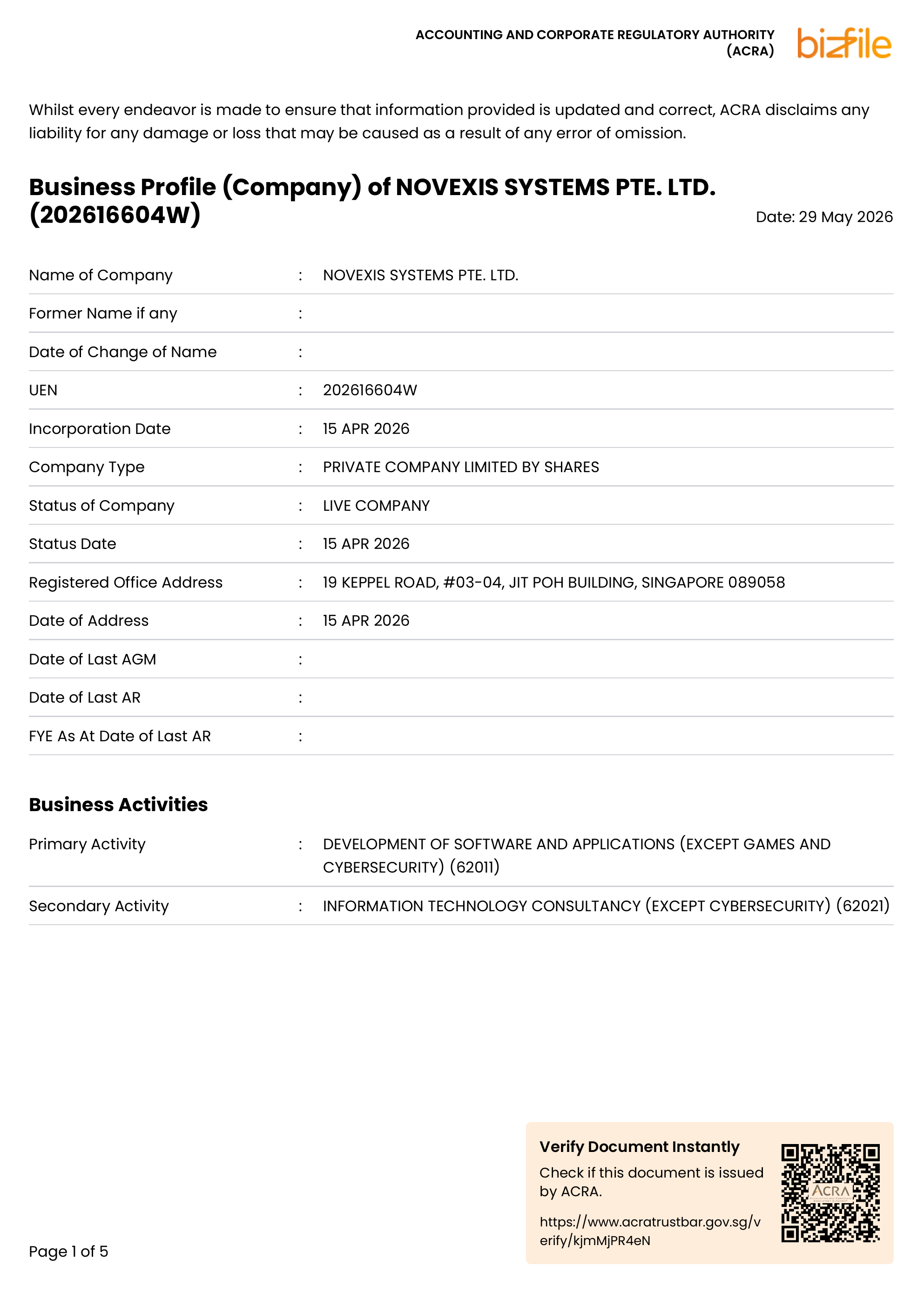 NOVEXIS SYSTEMS PTE. LTD. registration document, page 1
