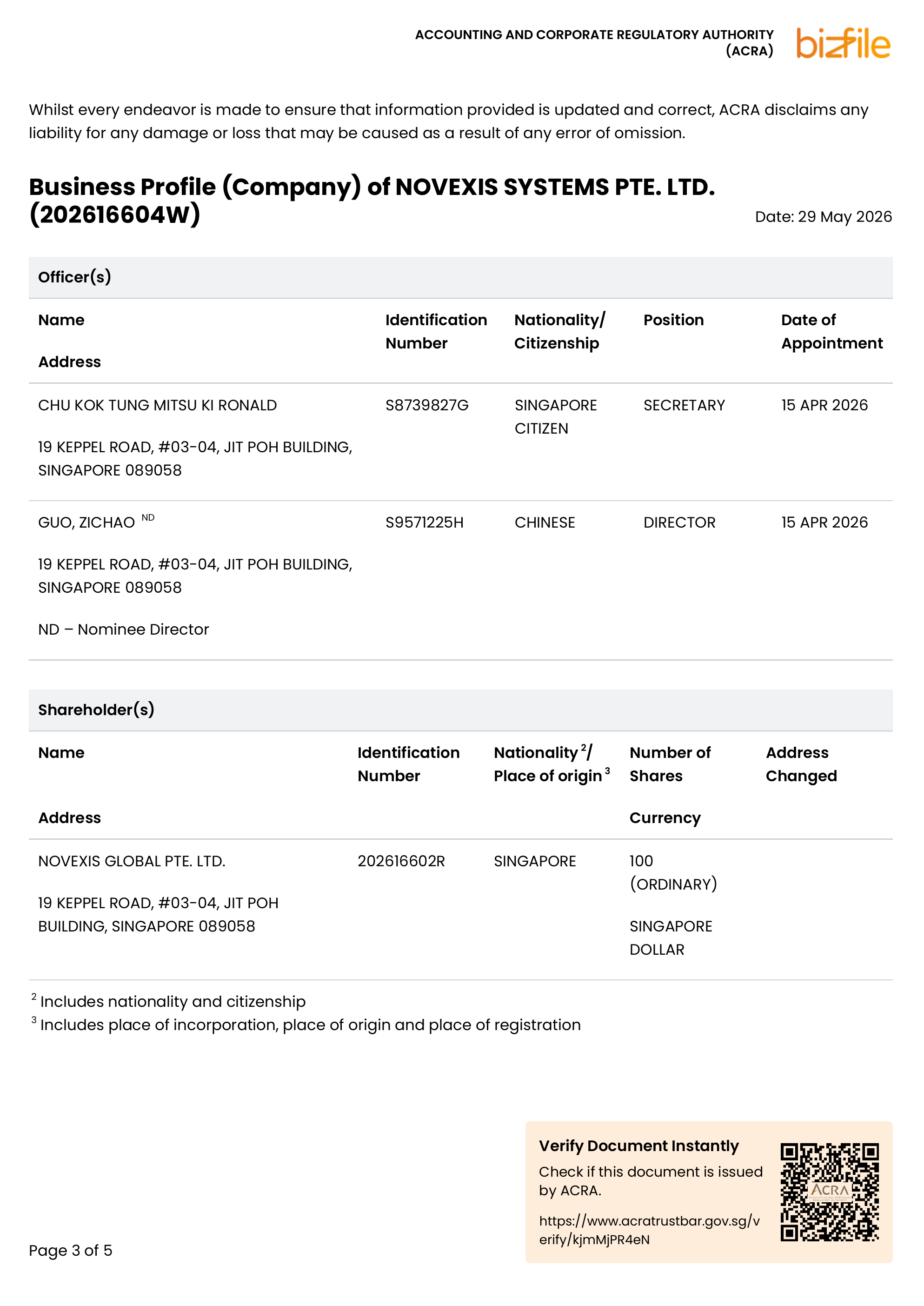 NOVEXIS SYSTEMS PTE. LTD. registration document, page 3