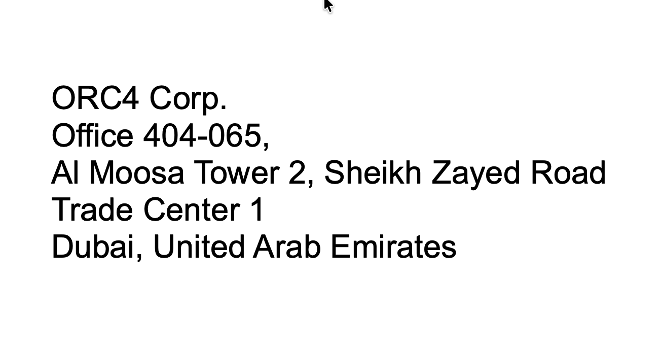 Dokumentauszug mit ORC4 Corp. an der Adresse in Dubai