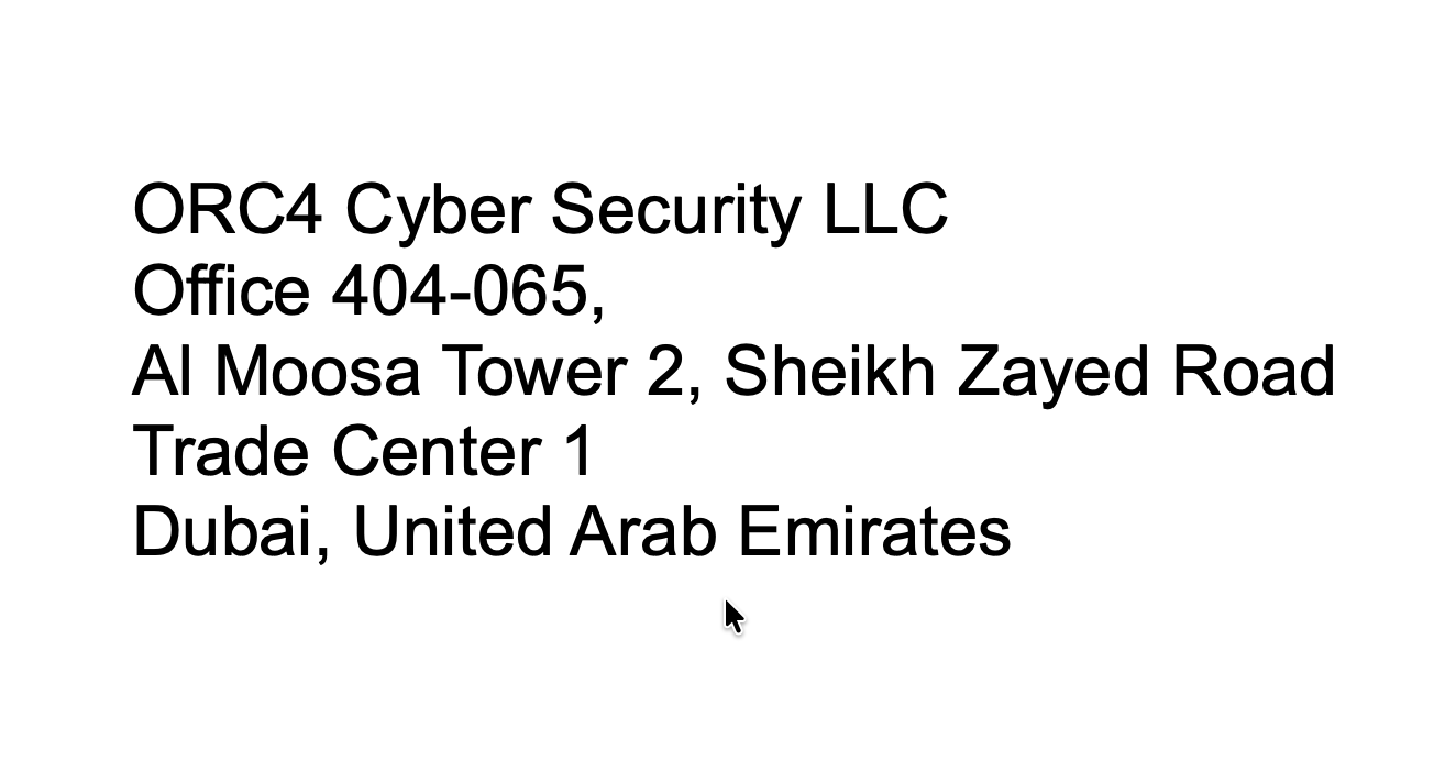Dokumentauszug mit ORC4 Cyber Security LLC an der Adresse in Dubai