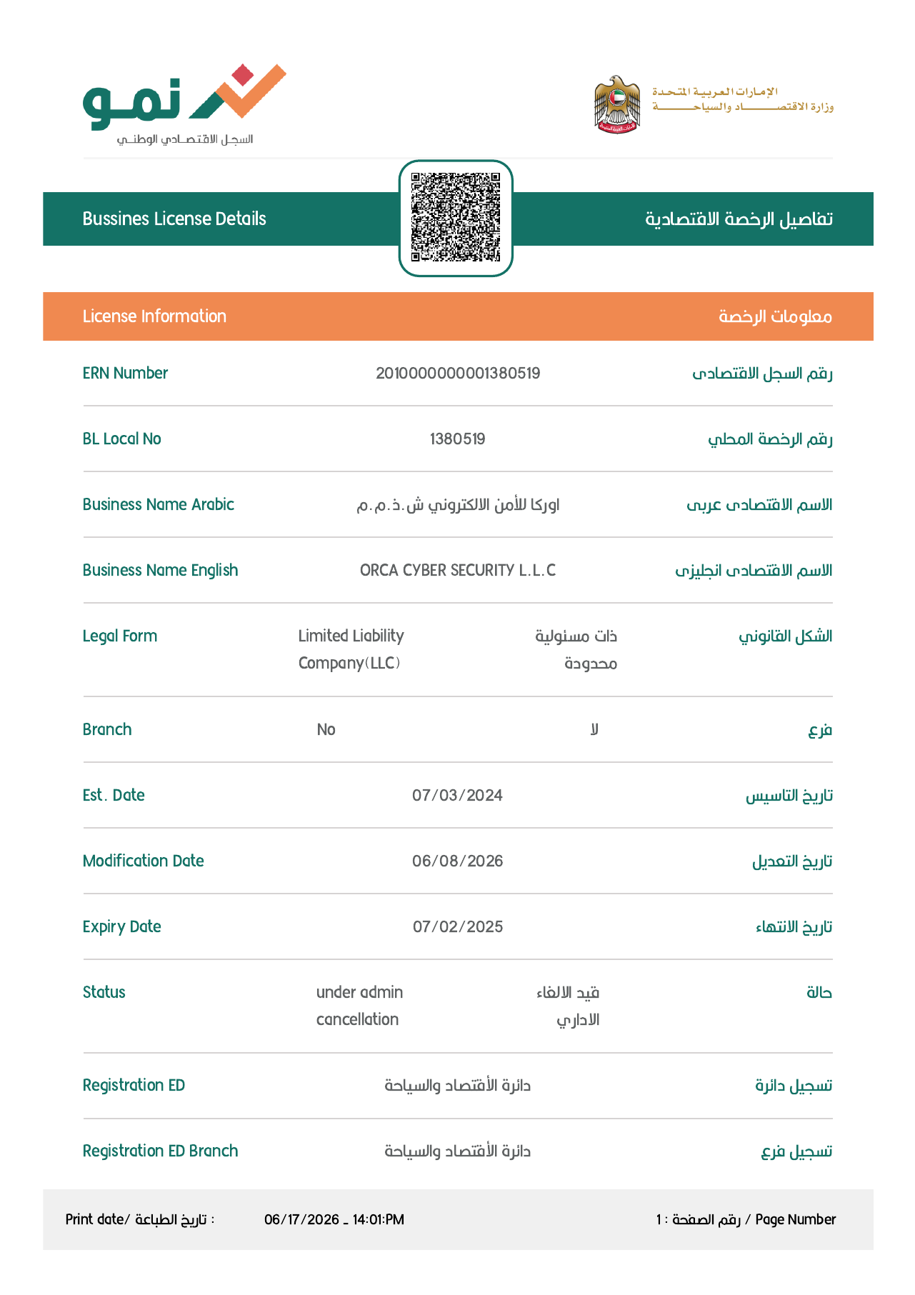 Erste Seite der Gewerbelizenzunterlagen für ORCA Cyber Security L.L.C in Dubai