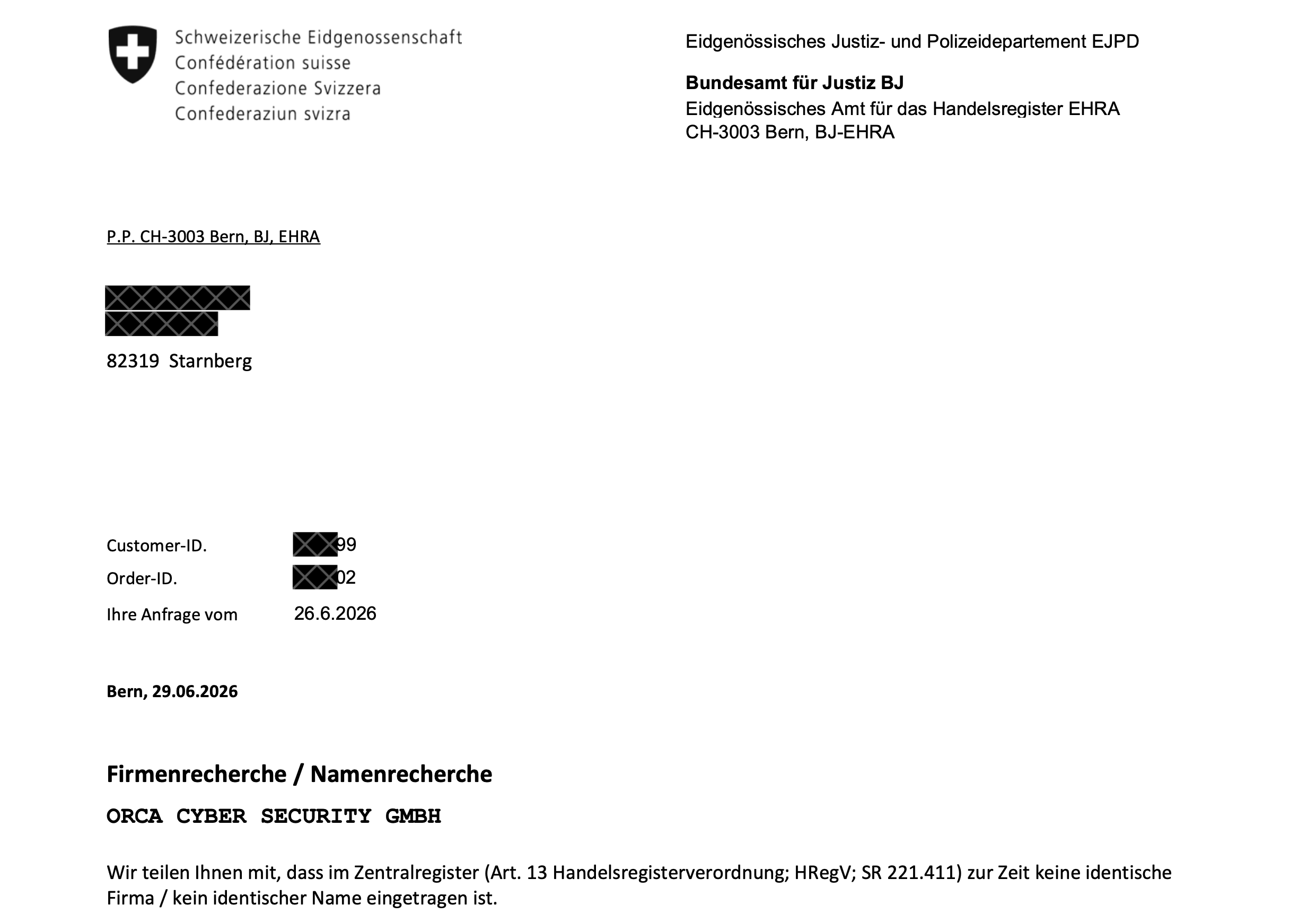 Geschwärzte Namenssuche des Schweizer Bundesamts für Justiz zu ORCA Cyber Security GmbH
