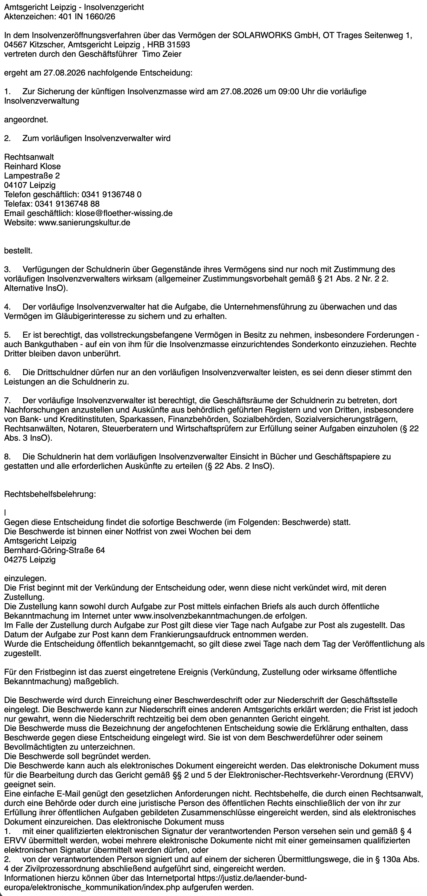 Full German court notice ordering preliminary insolvency administration over the assets of SOLARWORKS GmbH