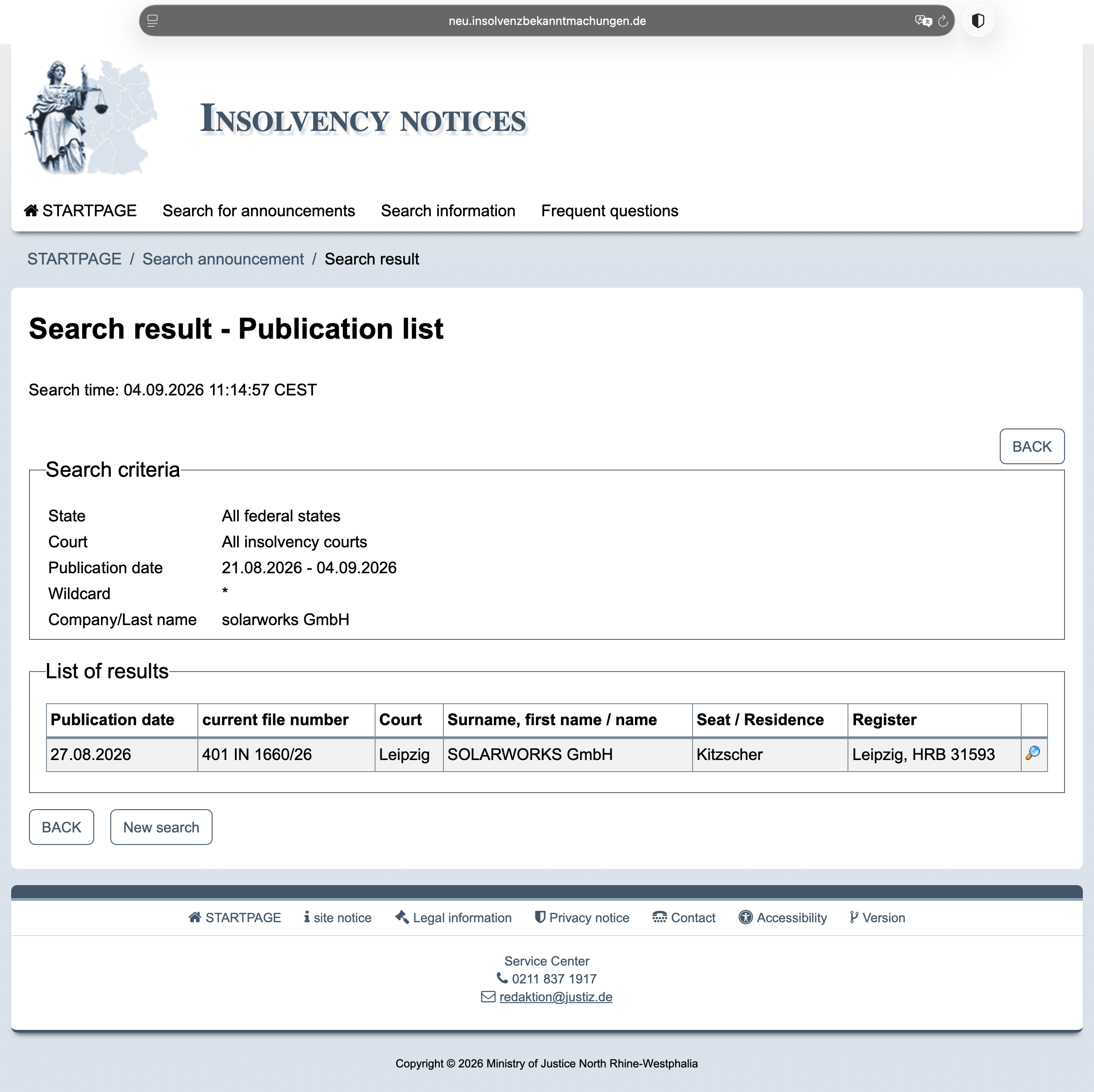 Official insolvency notice search result for SOLARWORKS GmbH in the English interface, dated 27 August 2026