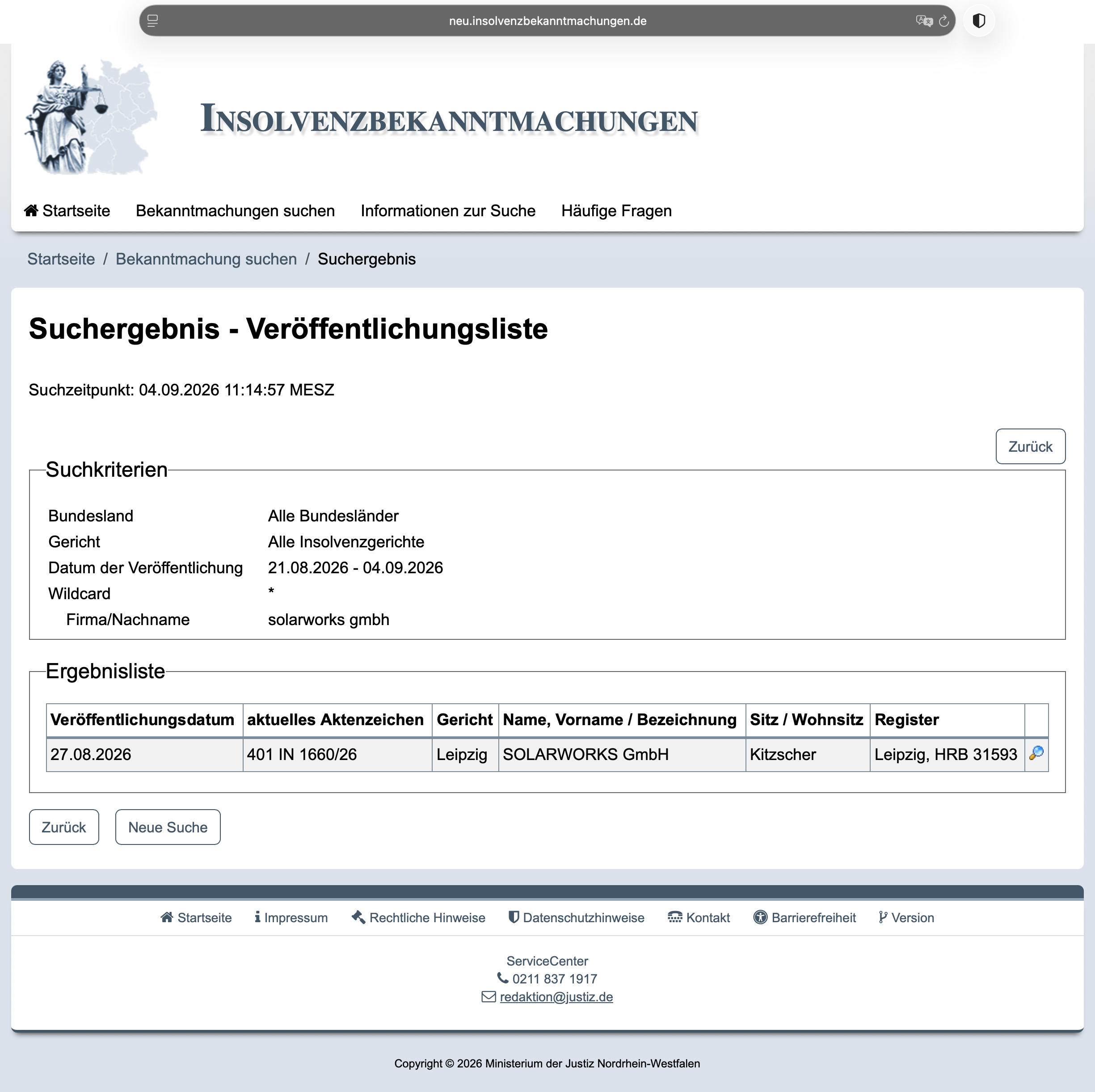 Official German insolvency notice search result for SOLARWORKS GmbH, dated 27 August 2026