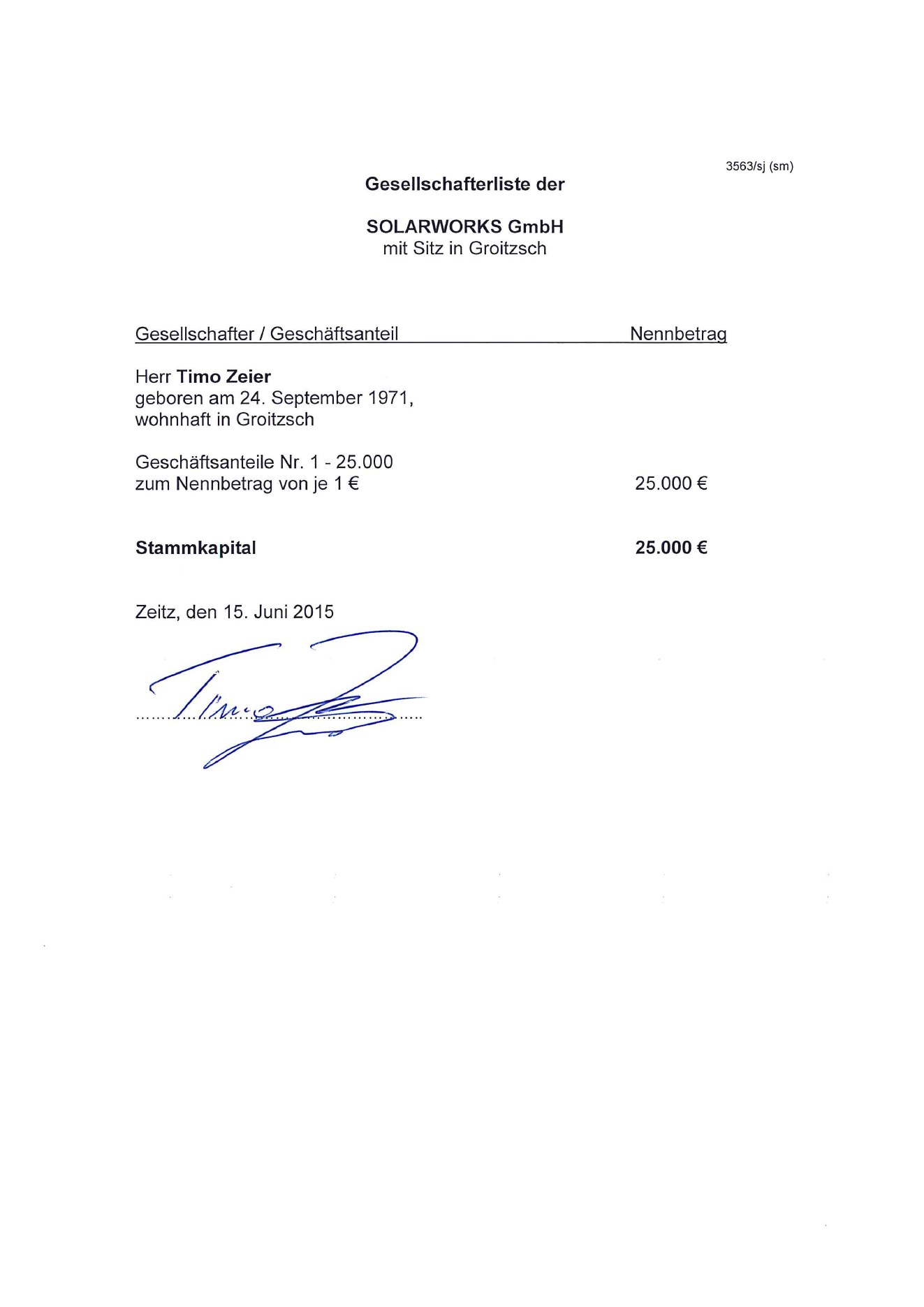 SOLARWORKS GmbH registration document, page 1