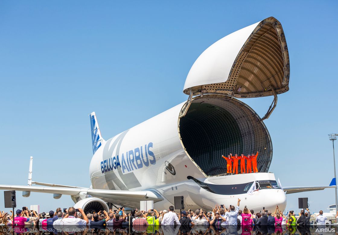 Airbus BelugaXL displayed with its cargo door open after first flight