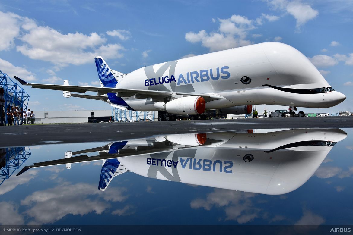 Airbus BelugaXL reflected on the apron after leaving the paint shop